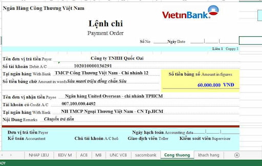 Thường ủy nhiệm chi ngân hàng Vietinbank được chia làm 2 liên