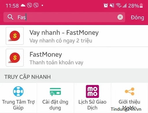 Fast money có trên ứng dụng Momo.