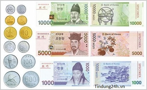 Tiền xu và tiền giấy Hàn Quốc.